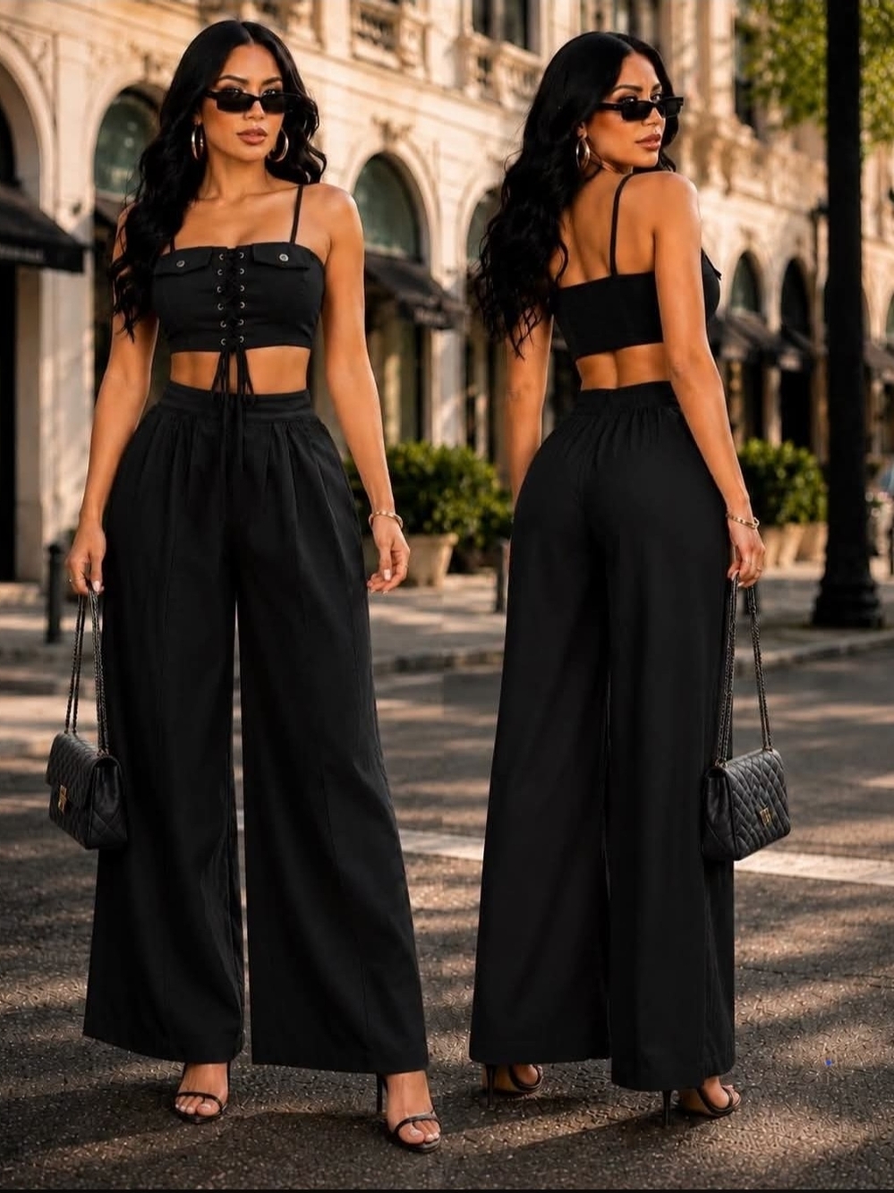 NWT Black 2 Piece Set Corset Crop Top High Waist Wide Leg Palazzo